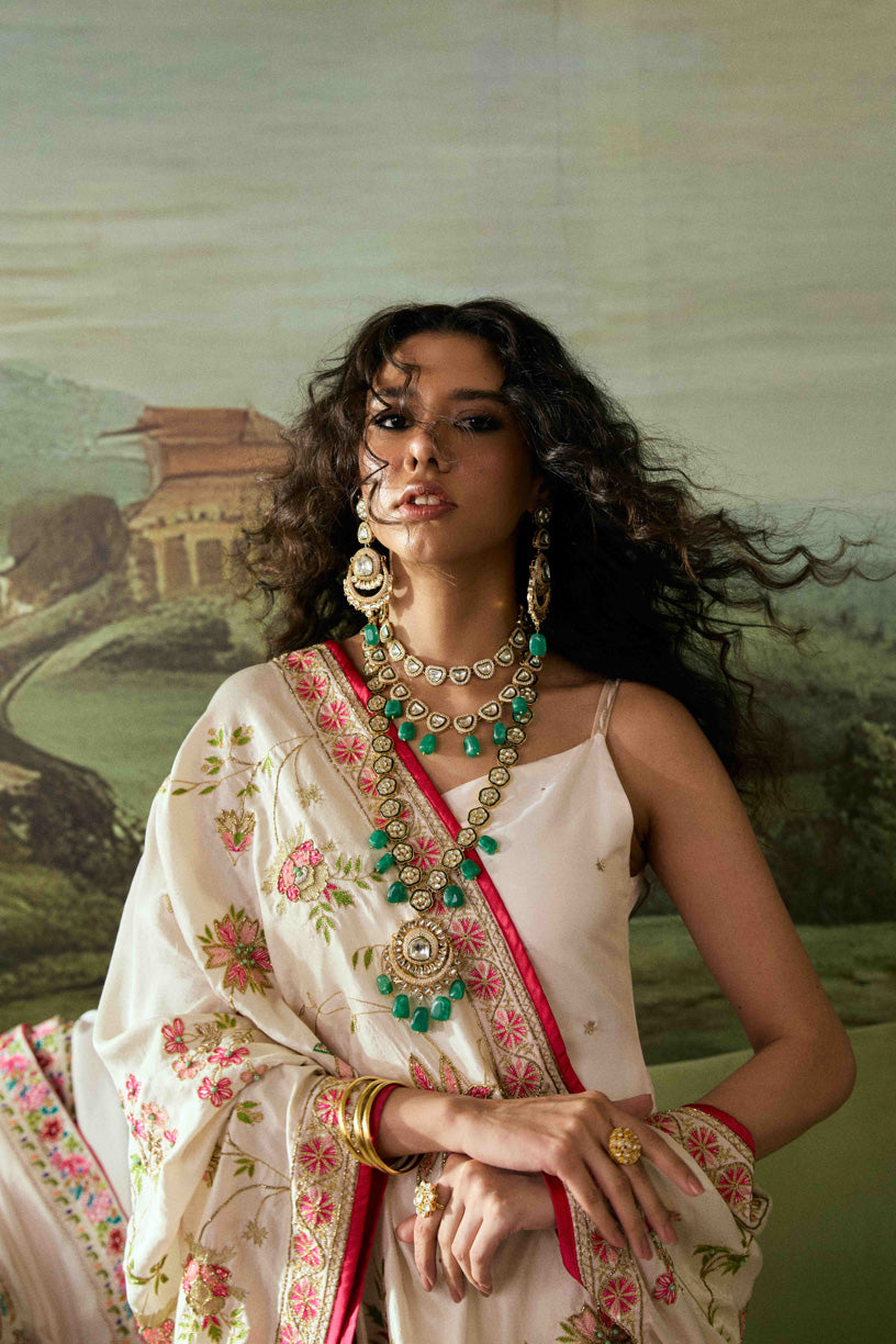 Vashah Chintz White - Hand Embroidered Raw Silk Shawl - Shopping Karado
