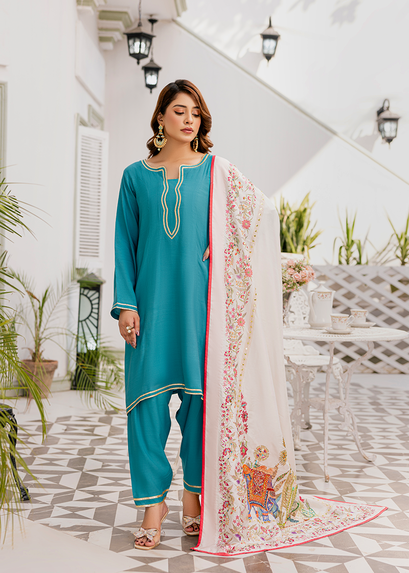 Lahore Fort - White Embroidered Luxury Shawl - Buy Online Pakistan