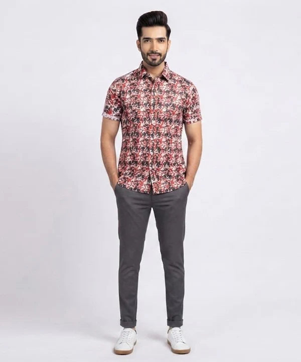 Men's Casual Printed Red Half Sleves Shc-1776 (H)