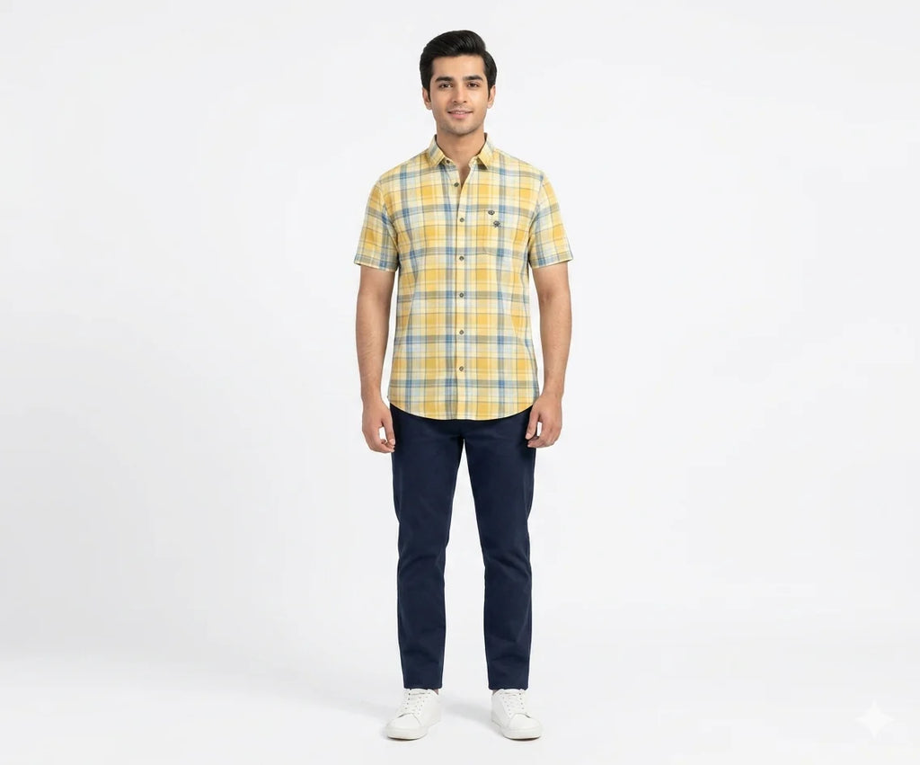 Men's Casual Yellow Chk Half Sleves Shc-1838 ORG