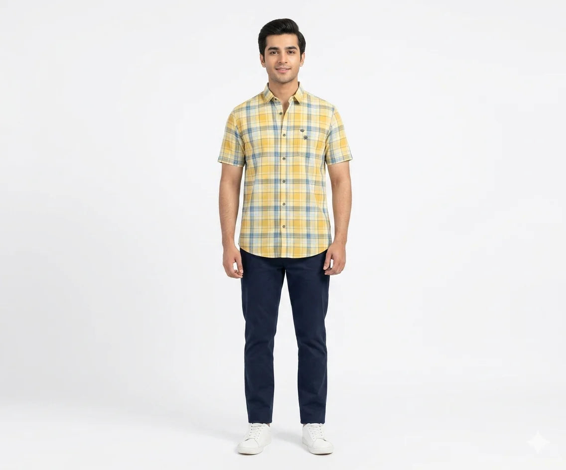 Men's Casual Yellow Chk Half Sleves Shc-1838 ORG