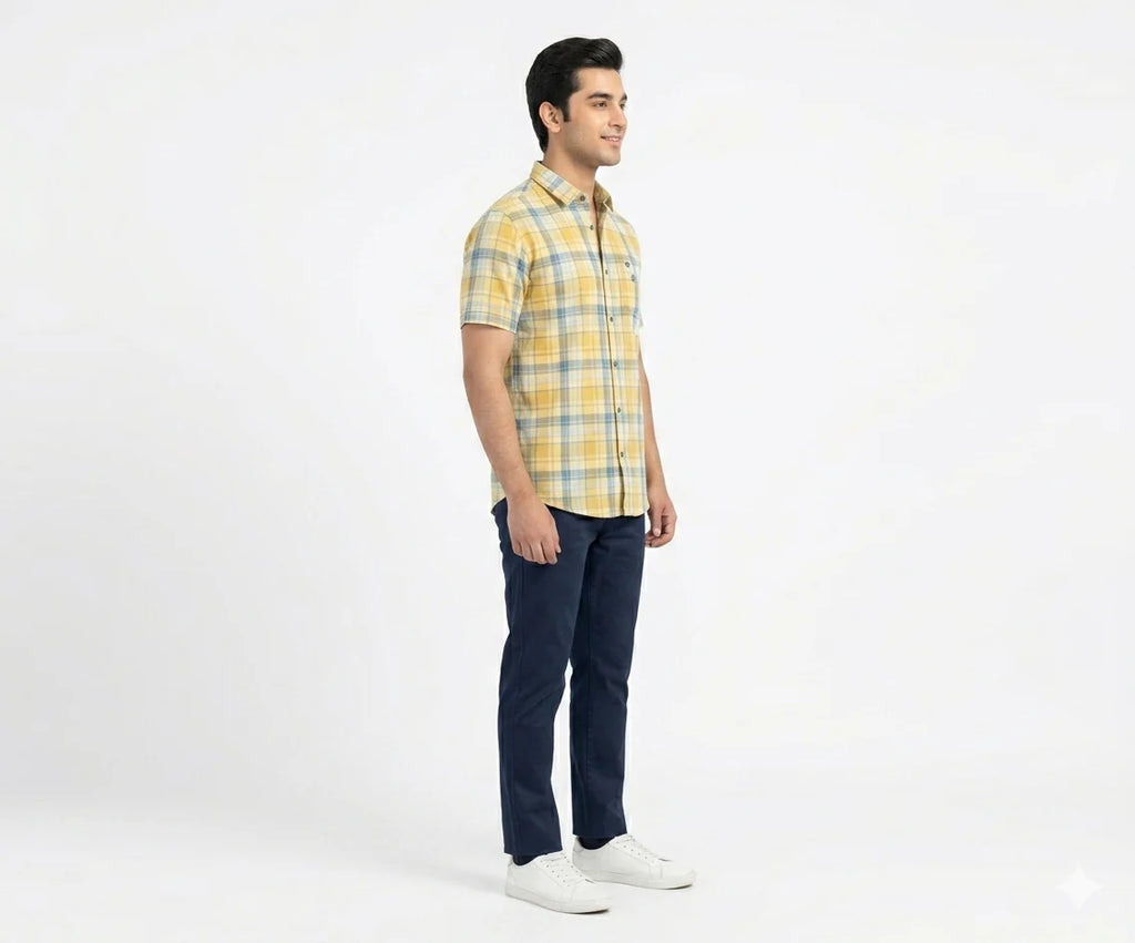 Men's Casual Yellow Chk Half Sleves Shc-1838 ORG