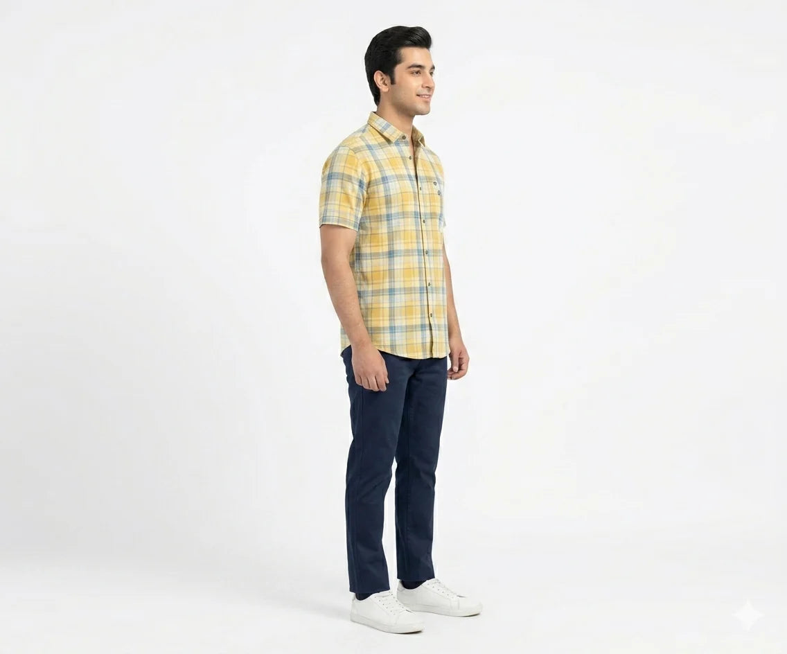 Men's Casual Yellow Chk Half Sleves Shc-1838 ORG