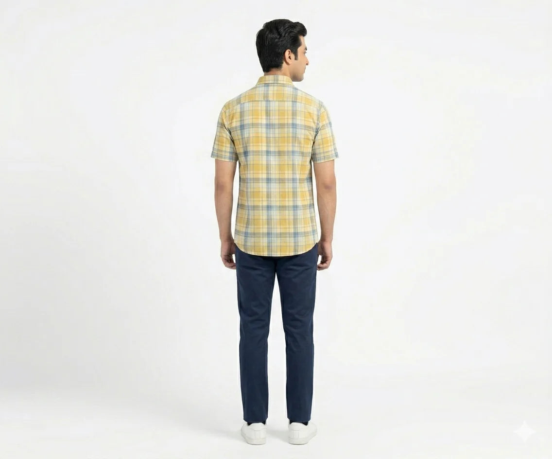 Men's Casual Yellow Chk Half Sleves Shc-1838 ORG
