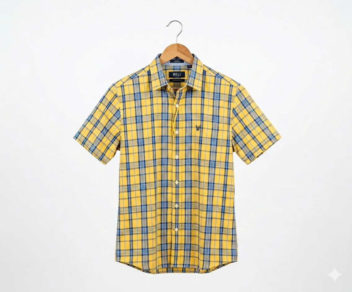 Men's Casual Yellow Chk Half Sleves Shc-1838 ORG