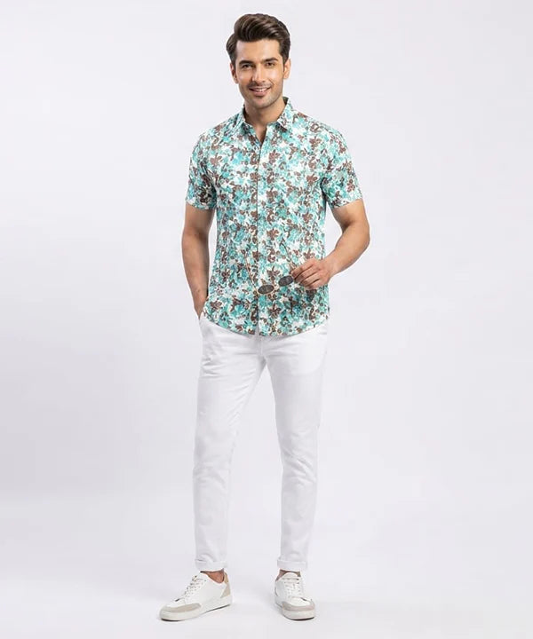 Men's Casual Printed Ferozi Half Sleves Shc-1776 (H)