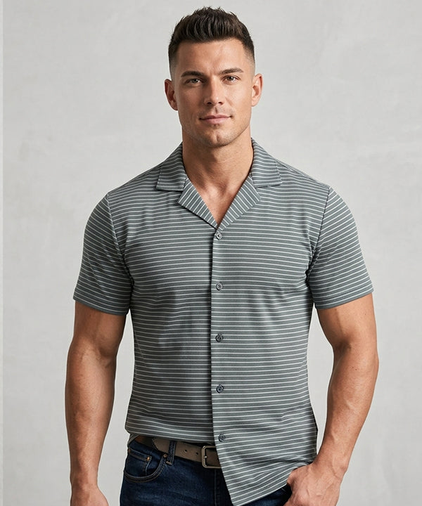 Men’s Pinstripe Drawstring Half Sleeves Shirt– Relaxed Fit - SHC-3067 Green Stripe - Green - View 1