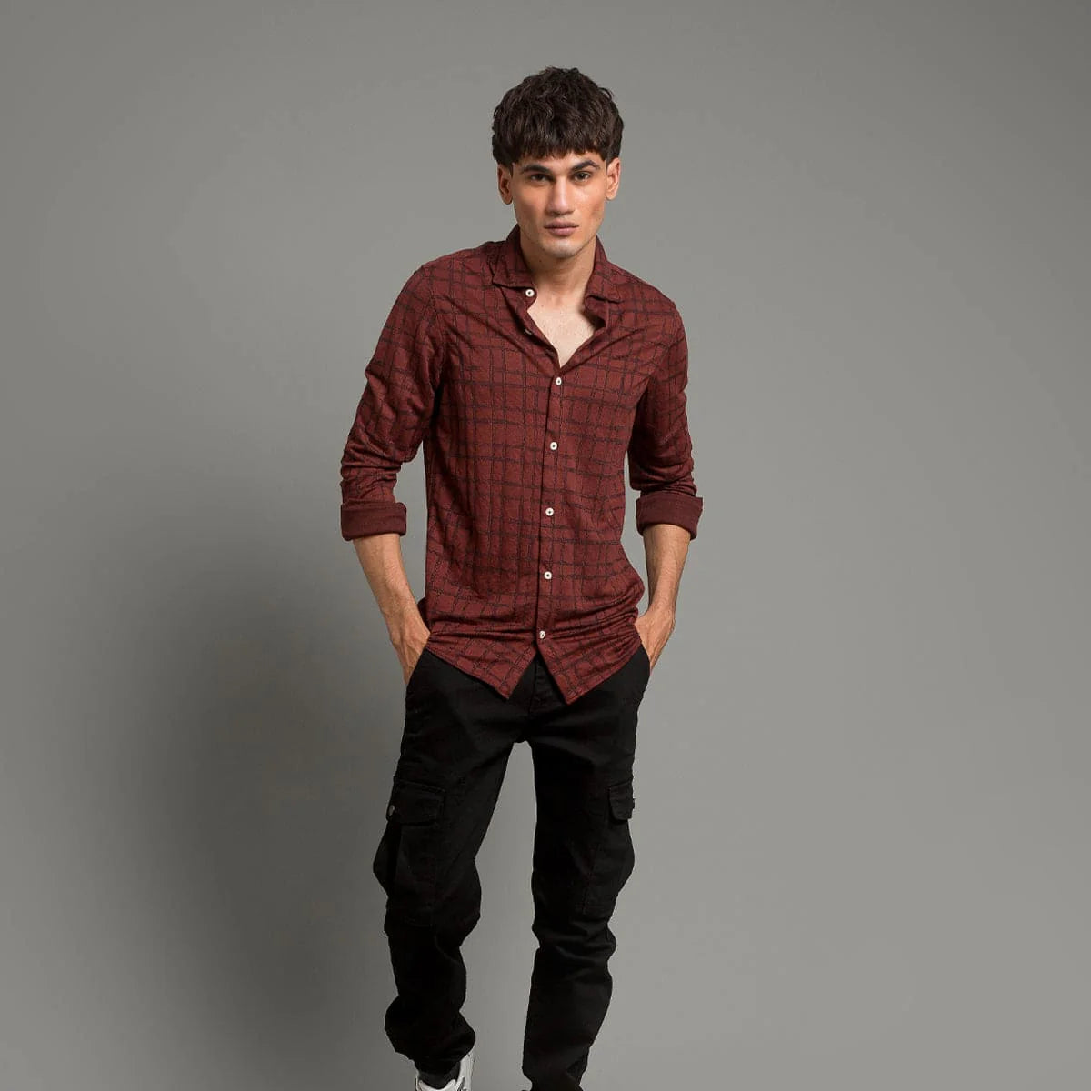 Men's Casual Checkered Shirt - Maroon Shc-1973 Strech Fabric(ORG)