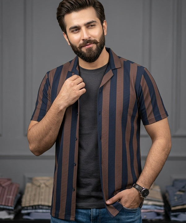 Men's Casual Shirt Half Sleeves - SHC-3069 Navy blue Stripe ( ORG ) - Navy - View 1