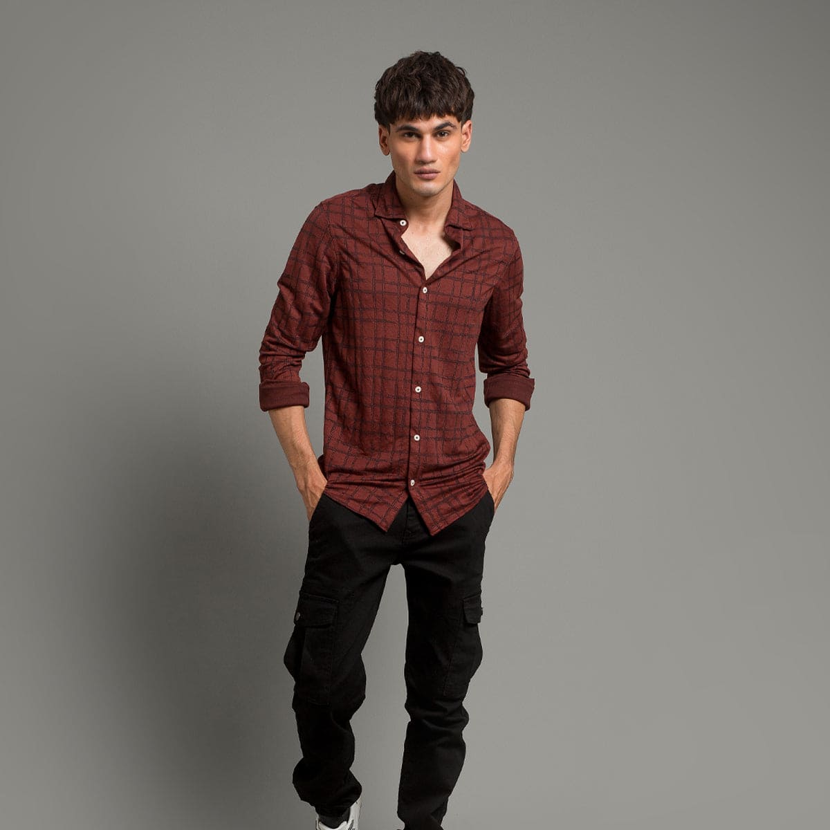 Men's Casual Checkered Shirt - Maroon Shc-1973 Strech Fabric - Maroon - View 1