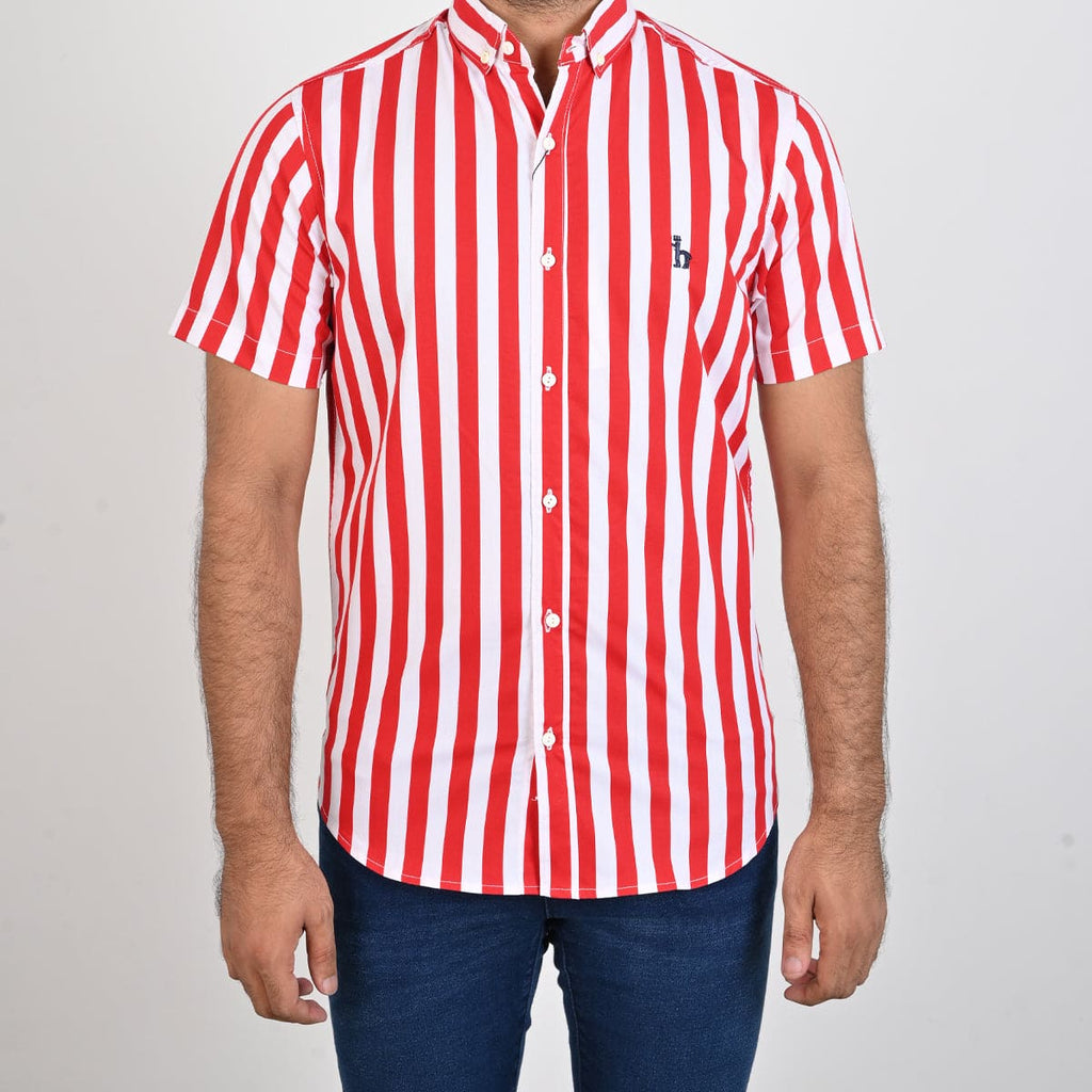 Men's Casual Stripe Red Half Sleves Shc-1847 - Red - View 1