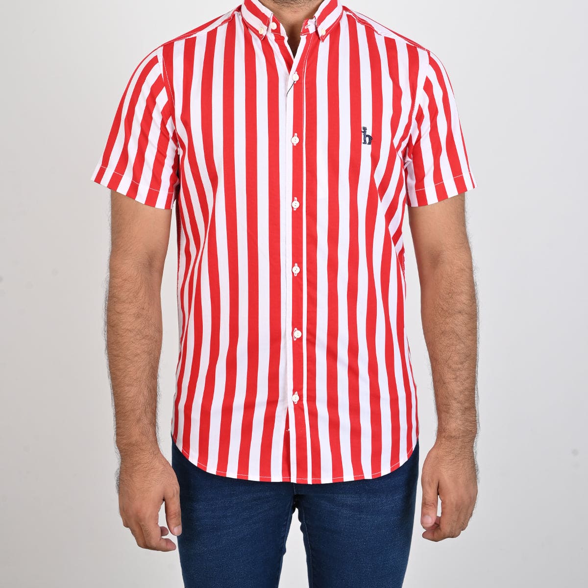 Men's Casual Stripe Red Half Sleves Shc-1847 - Red - View 1