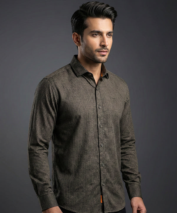 Men's Casual Shirt - Texture Black Shc-1971 Strech Fabric - Black - View 1