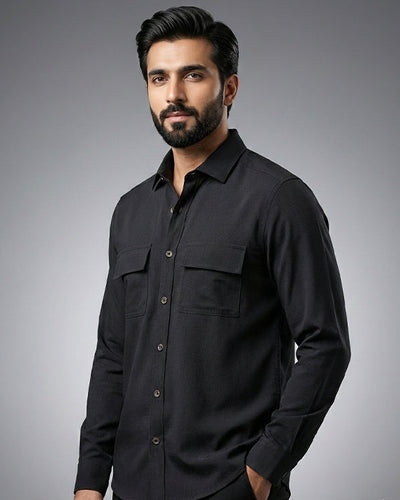 Men's Casual Shirt - Texture Black Shc-1970 Strech Fabric