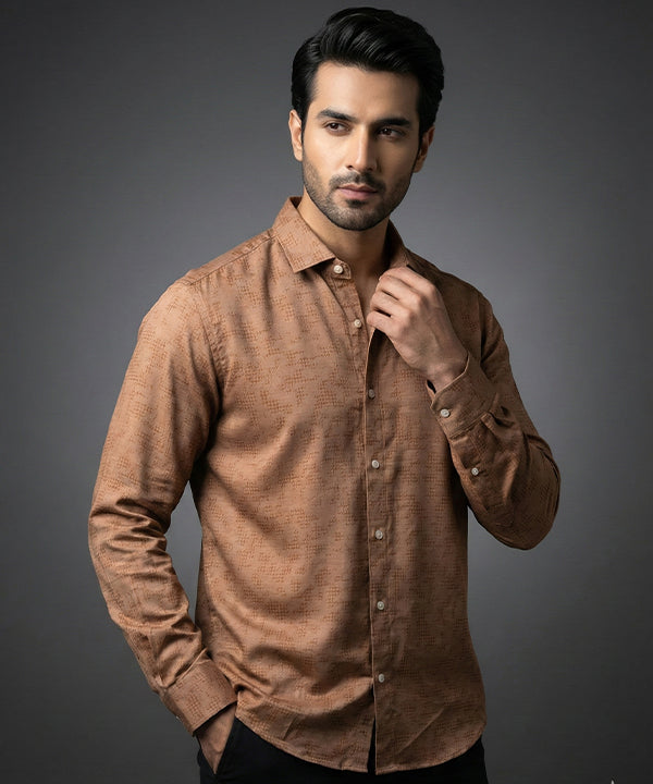 Men's Casual Shirt - Texture Brown Shc-1971 Strech Fabric - Brown - View 1