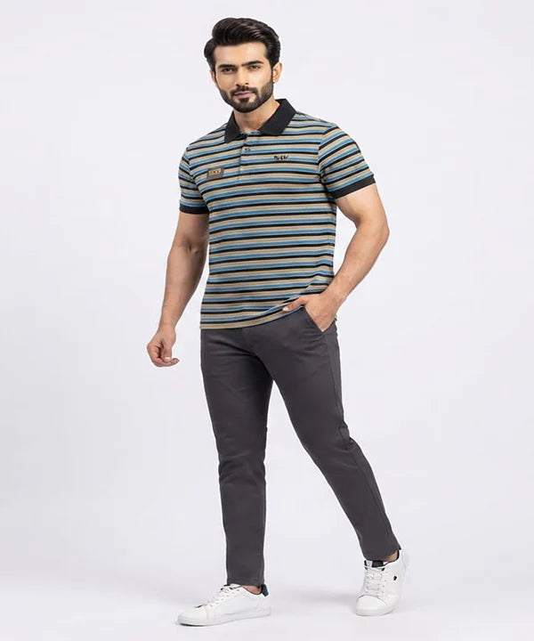 MEN'S T-SHIRT COLLAR BEIGE STRIPE BASIC TSH-5916