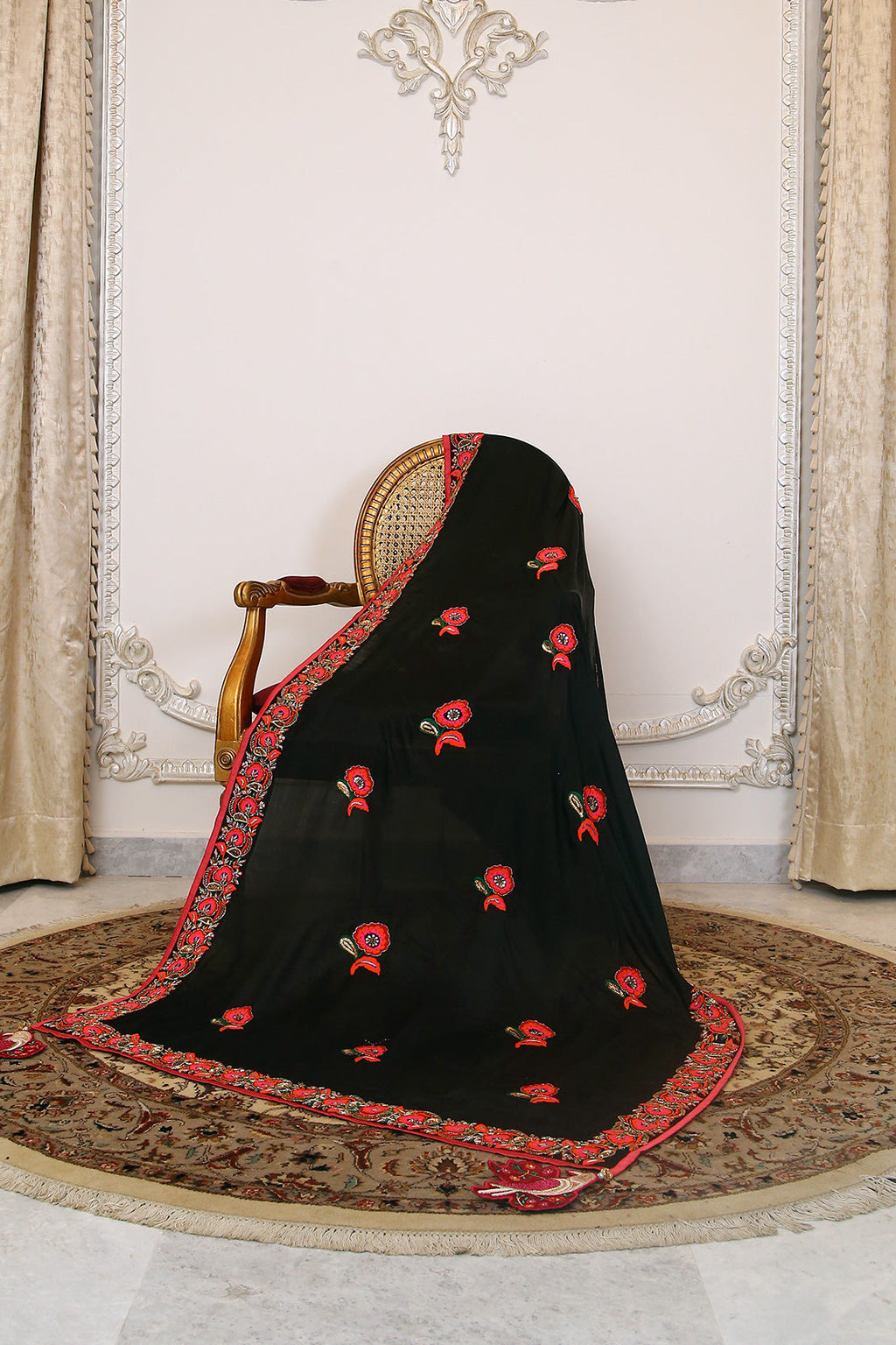 Vashah Black Grace - Dupatta - Hand Embroidered Raw Silk Shawl - Shopping Karado