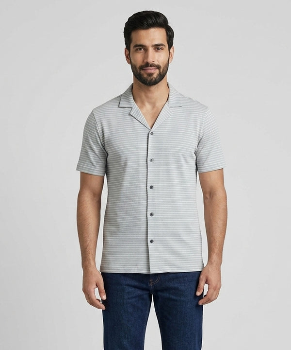 Men’s Pinstripe Drawstring Half Sleeves Shirt– Relaxed Fit - SHC-3067 Grey Stripe - Grey - View 1