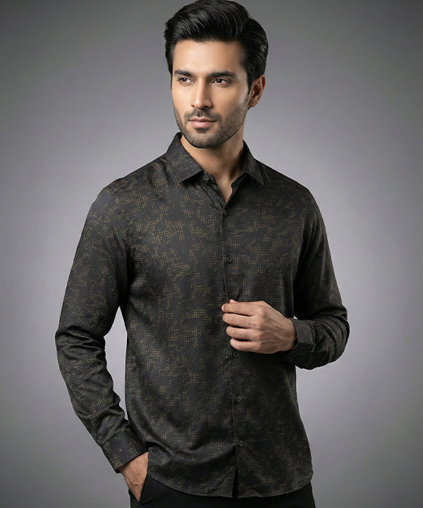 Men's Casual Shirt - Texture Black Shc-1972 Strech Fabric - Black - View 1
