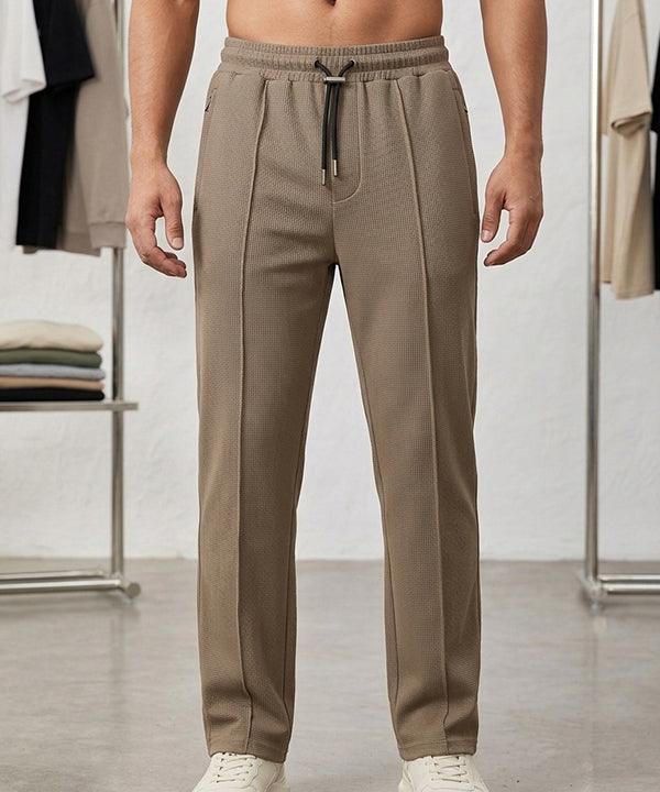 Waffle Knit Elastic Waist Trousers - Coffee Lwr-0694 - Coffee - View 1