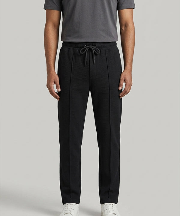 Waffle Knit Elastic Waist Trousers - Black Lwr-0694 - Black - View 1