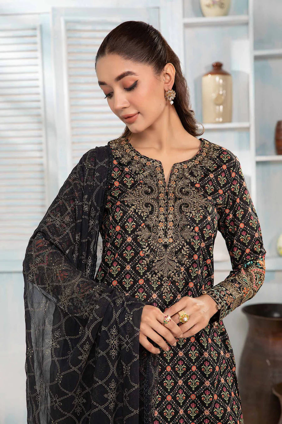 3Pc Black Sharara Lawn