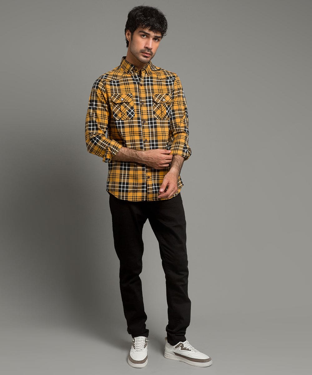 Men's Casual Checkered Shirt - Yellow Shc-1980 - Yellow - View 3