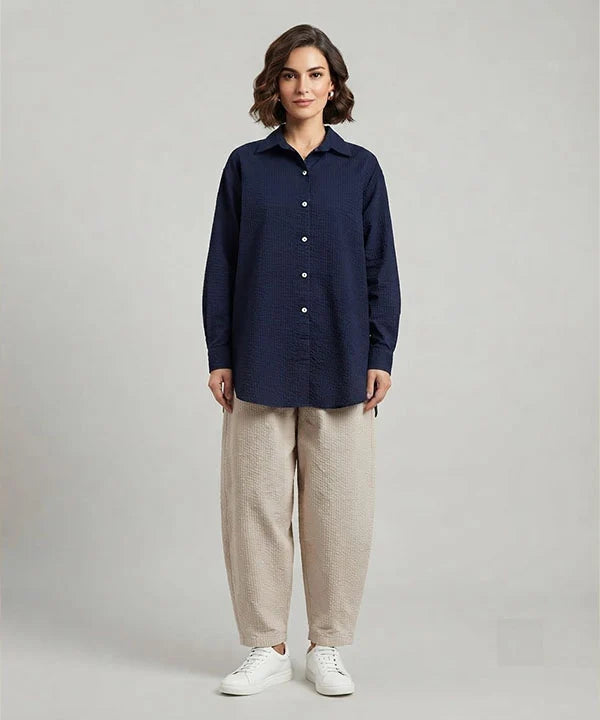 Women's Western Longline Collared Shirt Navy LSH-0107