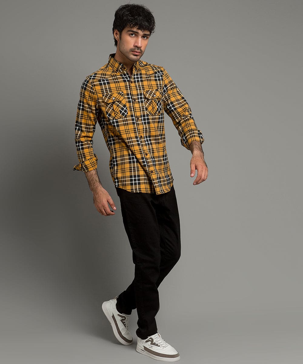 Men's Casual Checkered Shirt - Yellow Shc-1980 - Yellow - View 1