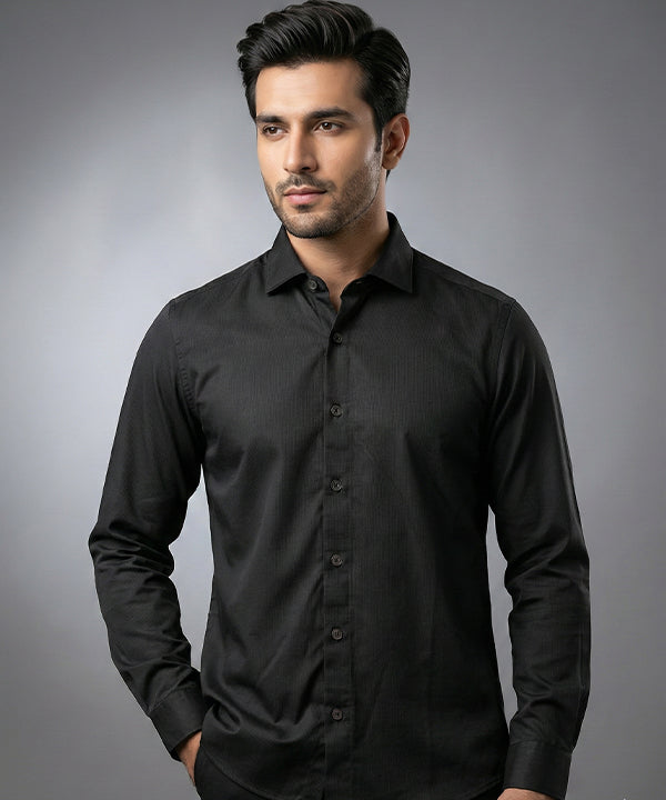 Men's Casual Shirt - Black Stripe Shc-1972 Strech Fabric - Black - View 1