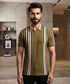 MEN'S T-SHIRT COLLAR GREEN STRIPE Old Money TSH-7161