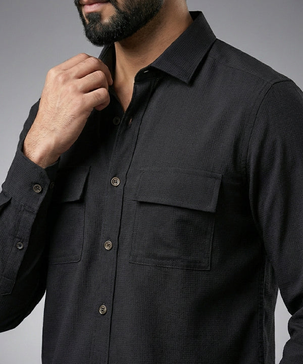 Men's Casual Shirt - Texture Black Shc-1970 Strech Fabric - Black - View 2