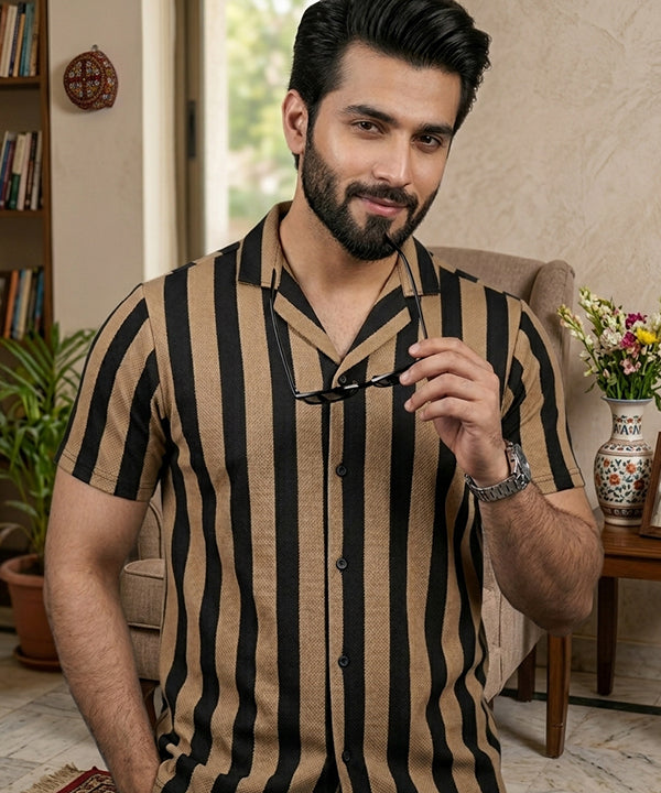 Men's Casual Shirt Half Sleeves - SHC-3069 Brown Stripe ( ORG ) - Brown - View 1