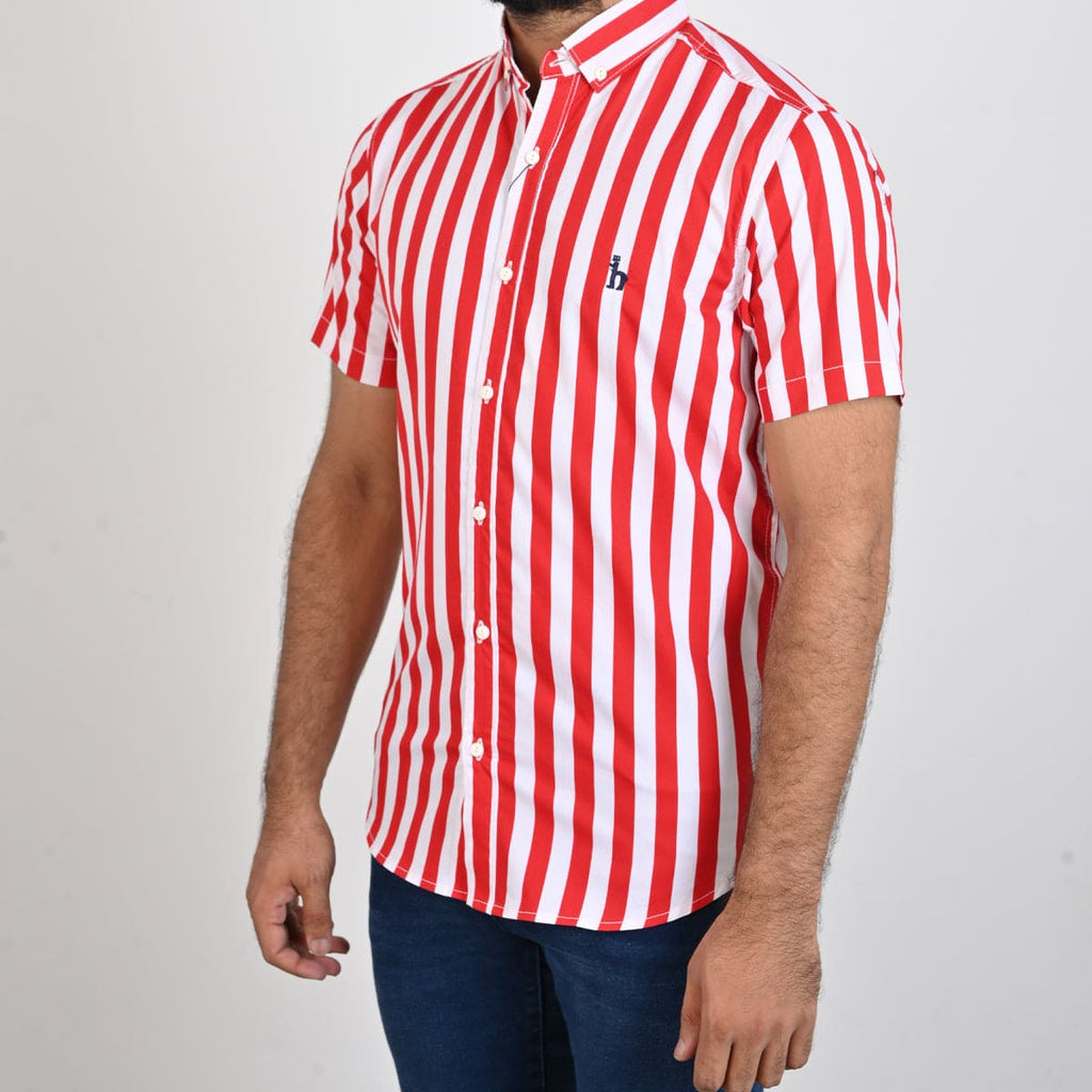 Men's Casual Stripe Red Half Sleves Shc-1847 - Red - View 2