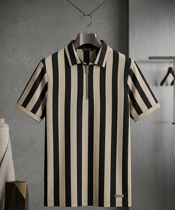 Men'S T-Shirt Collar Beige Stripe Tsh-7160 - Beige - View 3