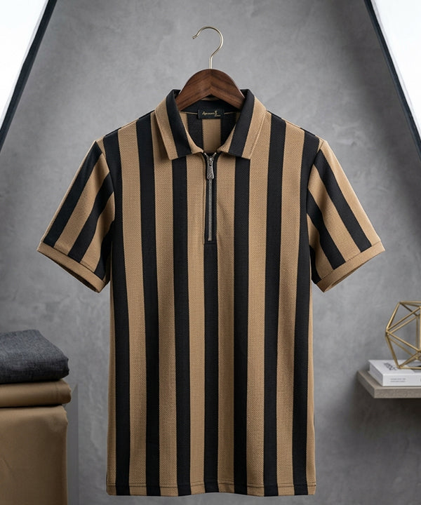 Men'S T-Shirt Collar Brown Stripe Tsh-7160 - Brown - View 3