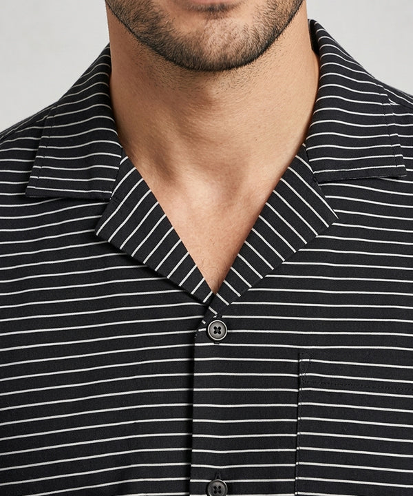 Men’s Pinstripe Drawstring Half Sleeves Shirt– Relaxed Fit - SHC-3067 Black stripe - Black - View 3