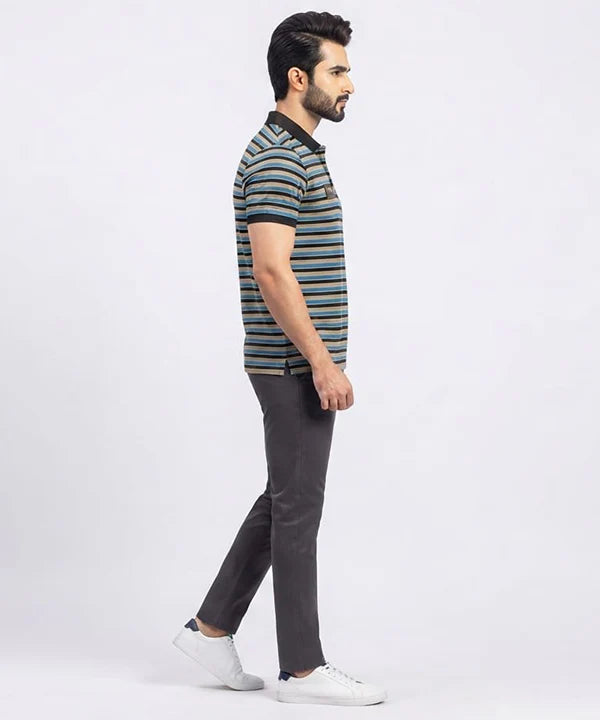 MEN'S T-SHIRT COLLAR BEIGE STRIPE BASIC TSH-5916
