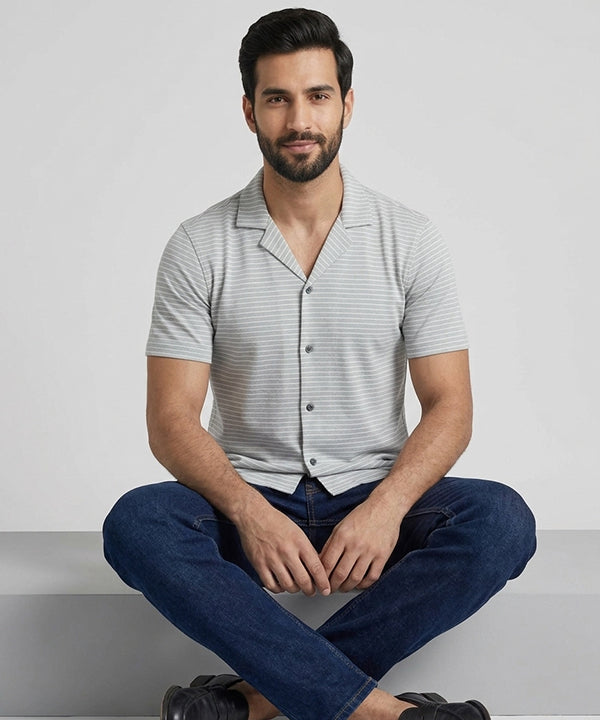 Men’s Pinstripe Drawstring Half Sleeves Shirt– Relaxed Fit - SHC-3067 Grey Stripe - Grey - View 3