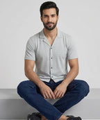 Men’s Pinstripe Drawstring Half Sleeves Shirt– Relaxed Fit - SHC-3067 Grey Stripe - Grey - View 3