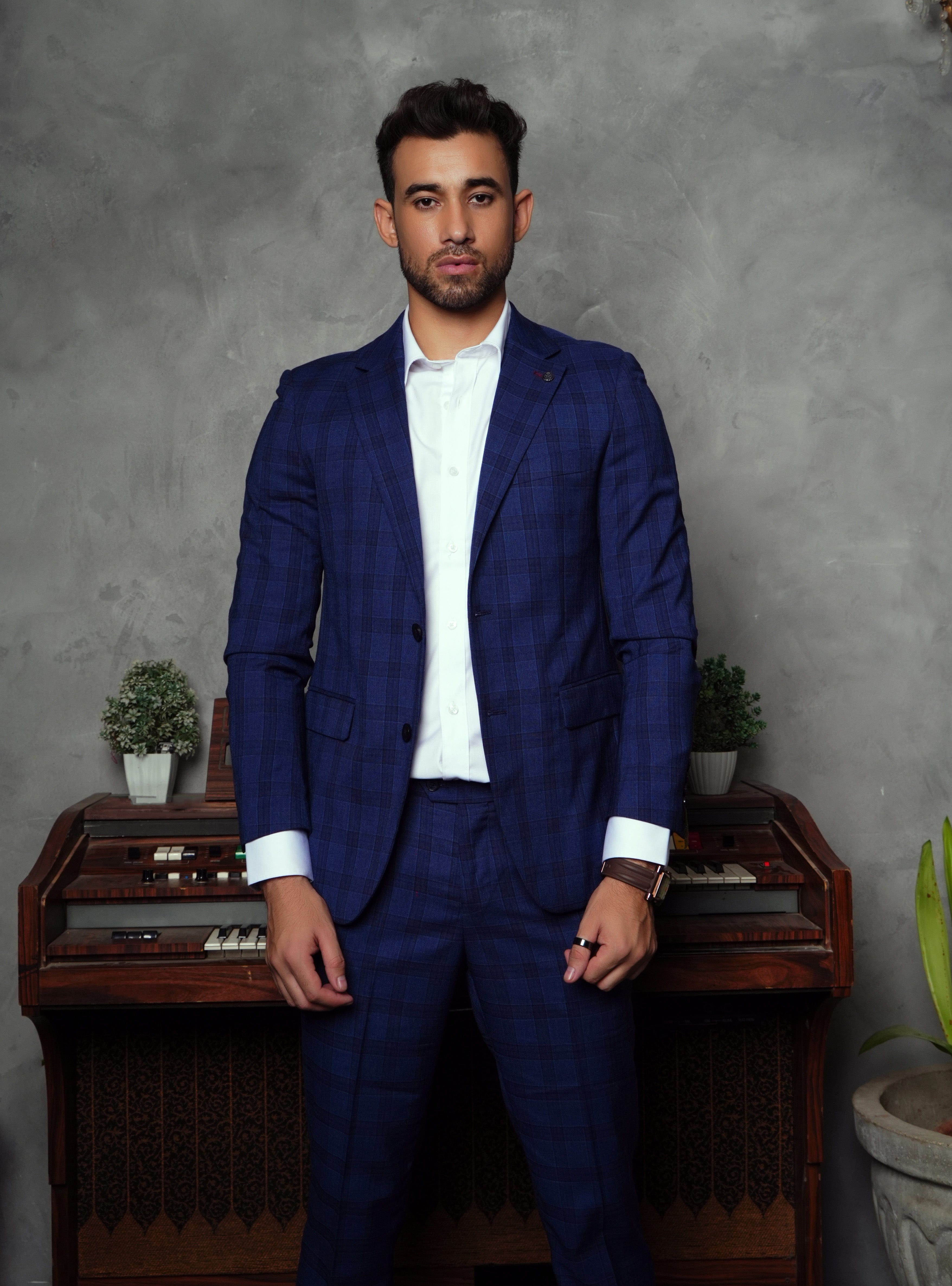 Formal Checkered Suit Gst-0053 Blue Chk - Blue - View 2