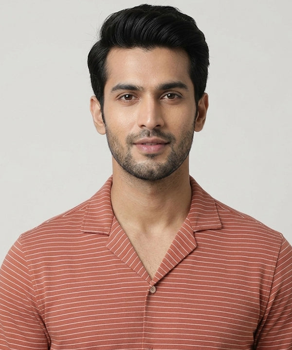 Men’s Pinstripe Drawstring Half Sleeves Shirt– Relaxed Fit - SHC-3067 Maroon Stripe - Maroon - View 2