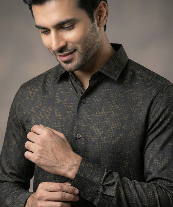 Men's Casual Shirt - Texture Black Shc-1972 Strech Fabric - Black - View 2