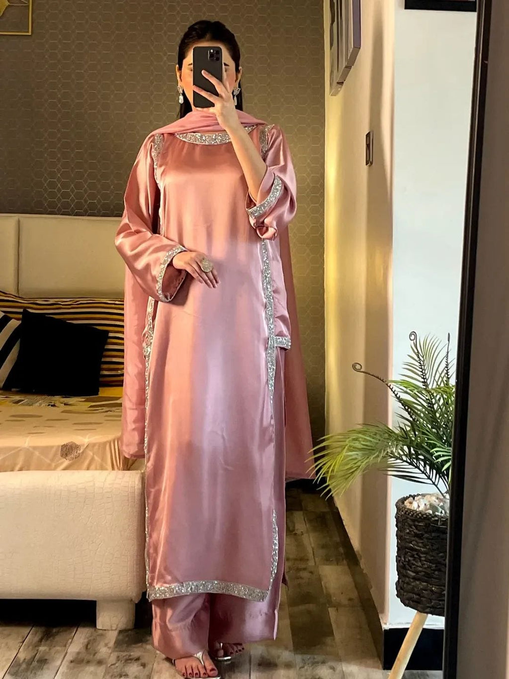Zarmish Crystal Lace Shamoz Silk 2PC - Long Shirt & Trouser | Shopping Karado
