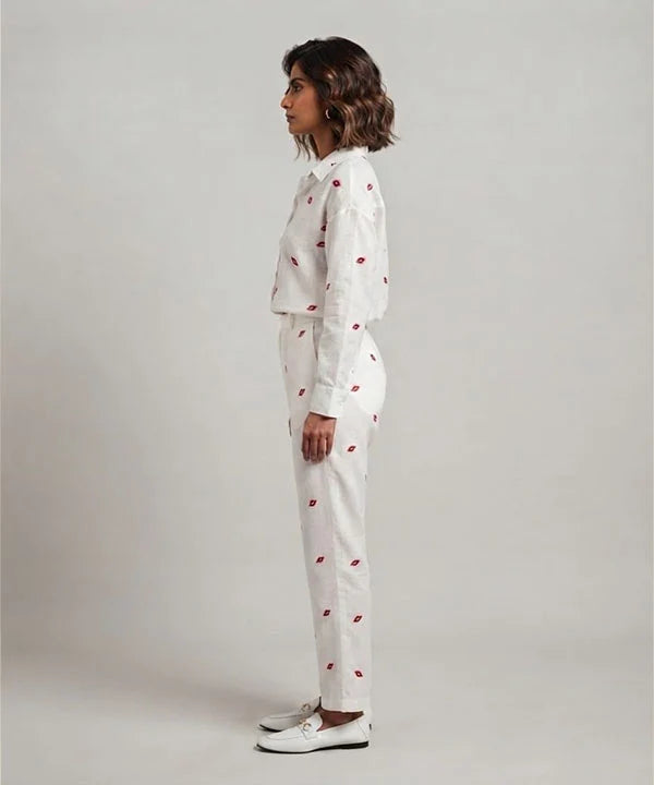 Women's Western Longline Collared Shirt White Printed LSH-0105