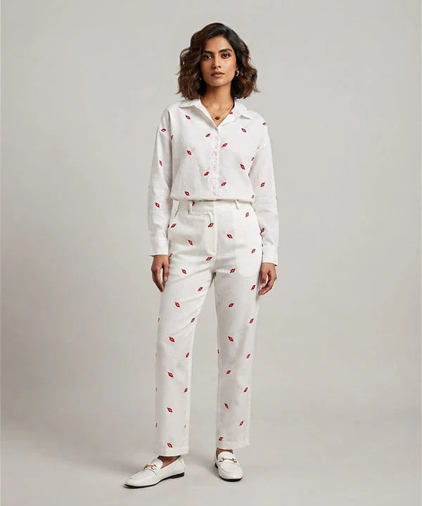 Women's Western Longline Collared Shirt White Printed LSH-0105