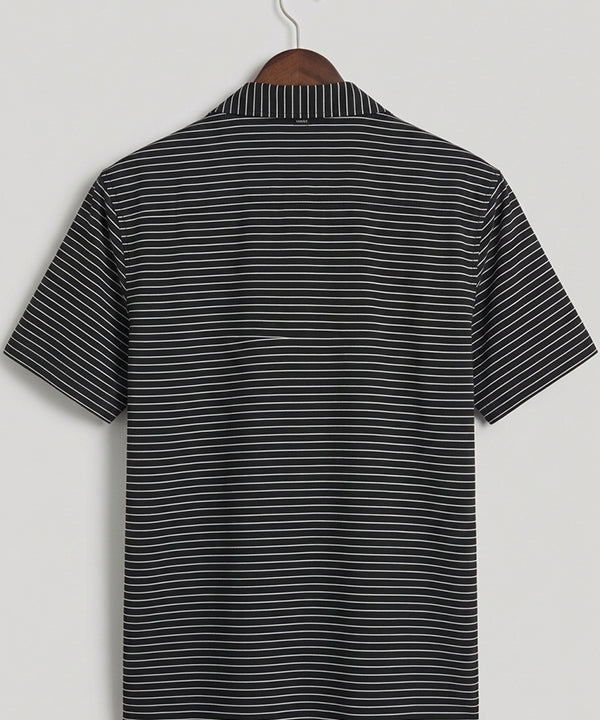 Men’s Pinstripe Drawstring Half Sleeves Shirt– Relaxed Fit - SHC-3067 Black stripe - Black - View 4