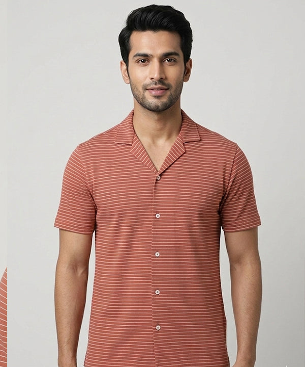Men’s Pinstripe Drawstring Half Sleeves Shirt– Relaxed Fit - SHC-3067 Maroon Stripe - Maroon - View 4