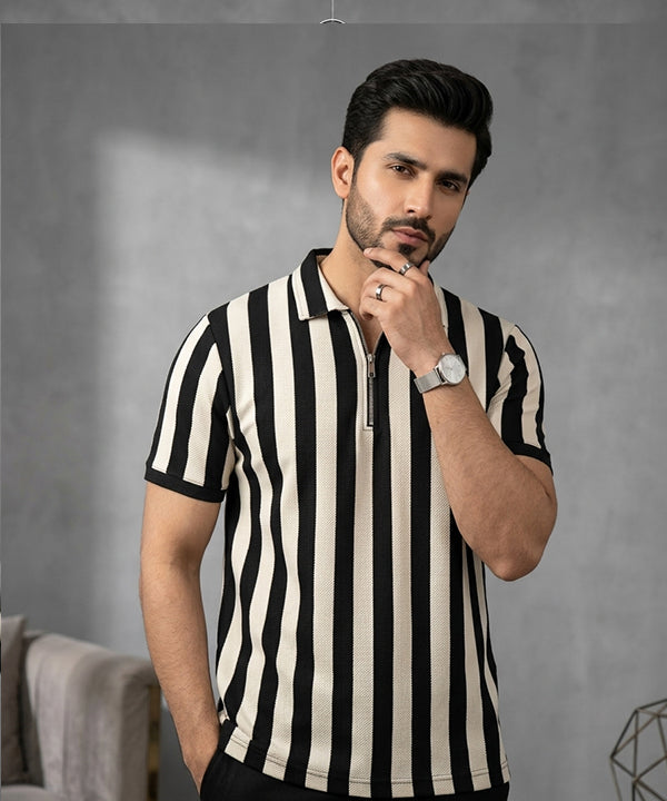 Men'S T-Shirt Collar Black Stripe Tsh-7160 - Black - View 1