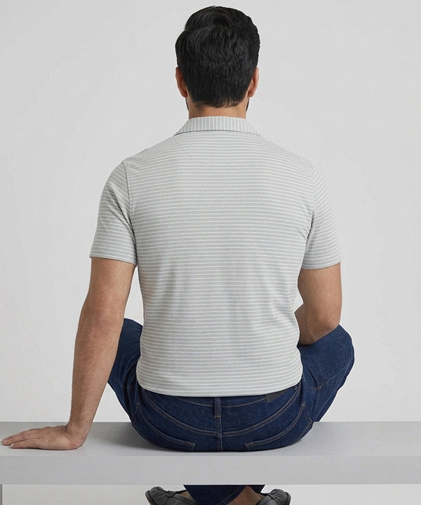 Men’s Pinstripe Drawstring Half Sleeves Shirt– Relaxed Fit - SHC-3067 Grey Stripe - Grey - View 4